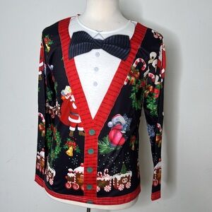 Nextmia Christmas shirt, long sleeves bowtie gingerbread train Santa NWT medium